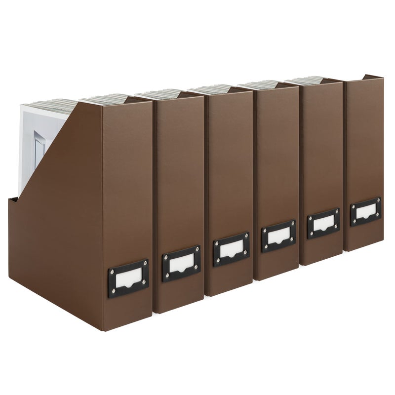BLU MONACO | Cardboard Magazine File Holder Set of 6 | Vertical Magazine File Holder with Leather Label Slots | Standing File Holder and Cardboard Bins for Shelves Desk Office - Image 1